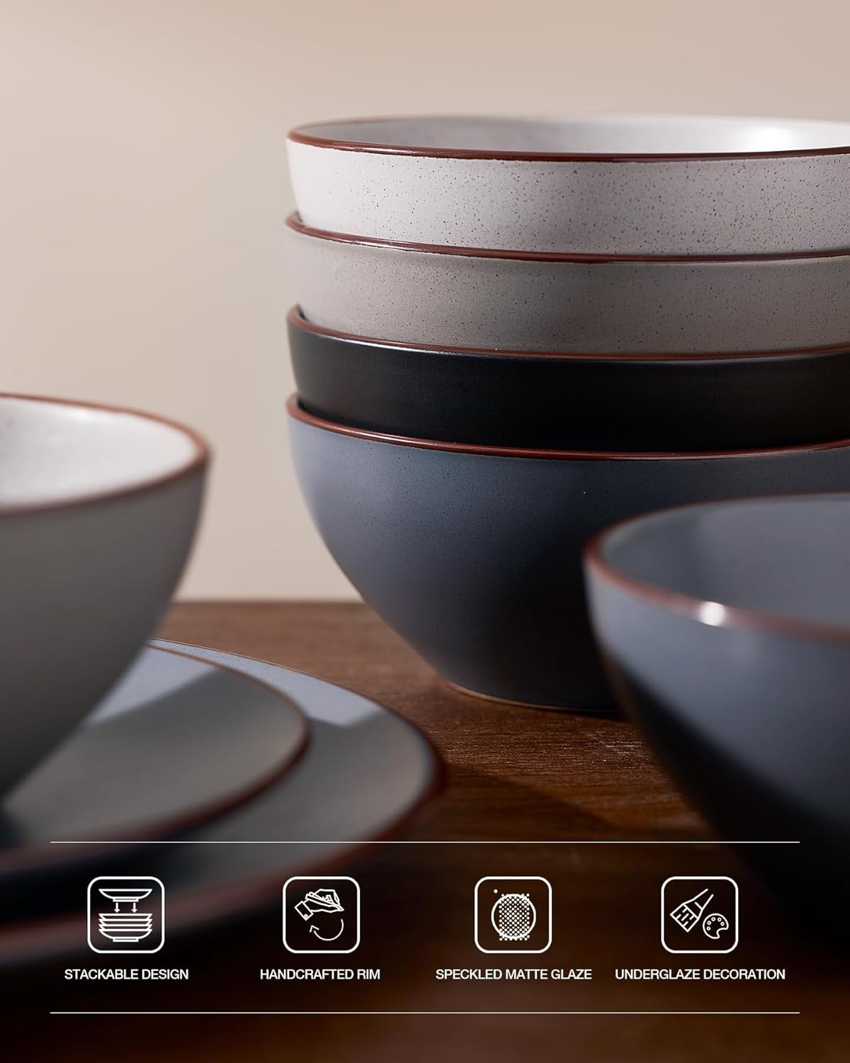 Famiware Venus Ceramic Plates and Bowls Sets, Speckled Dinnerware Dish Sets for 8 (24 Pieces) - Microwave and Dishwasher Safe, Matte Multi-color