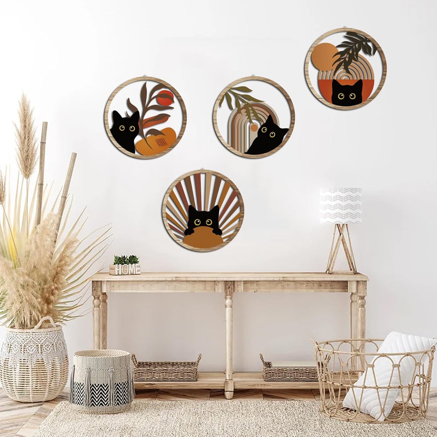 RETRART Boho Black Cat Wall Art Black Cat Room Decor Aesthetic, 4-Piece Farmhouse Geometric Wooden Cat Wall Decor Mid-Century Bohemian Moon Sun Design for Nursery, Bedroom Perfect Cat Lover Gifts