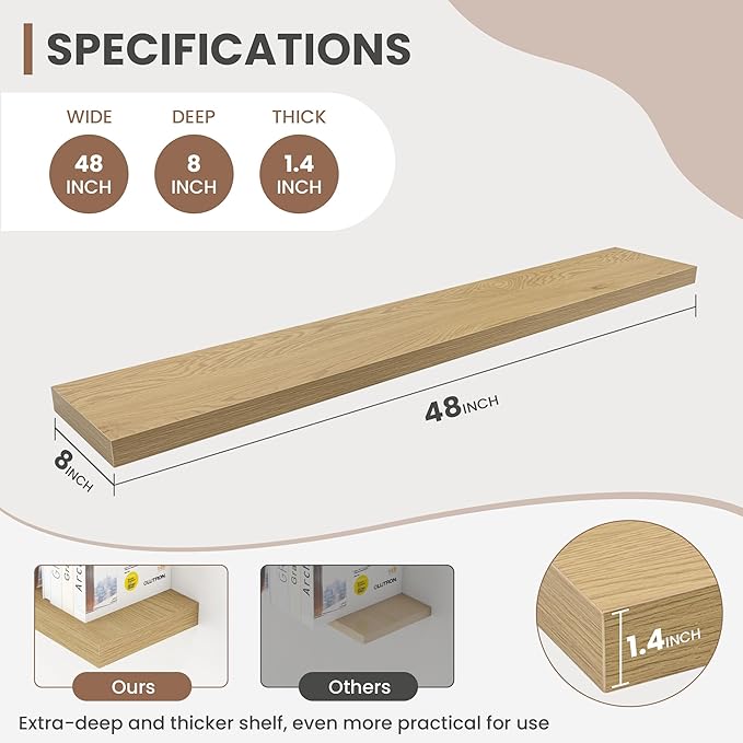 48 Inch Floating Shelves, 8 Inch Deep Floating Shelves for Wall, Hanging Shelf with Invisible Brackets, Deep Shelves for Bathroom, Bedroom, Living Room, Oak, Set of 1