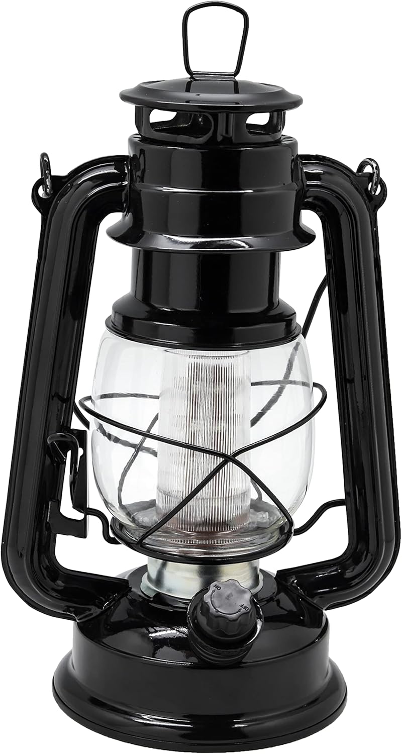 YAKii LED Vintage Lantern Metal Hanging Hurricane Lantern 12 LED Dimmer Switch Cold White Battery Operated Power Outage Indoor Camping Lighting Outdoor Brooklyn Decoration (Black Pack of 8)