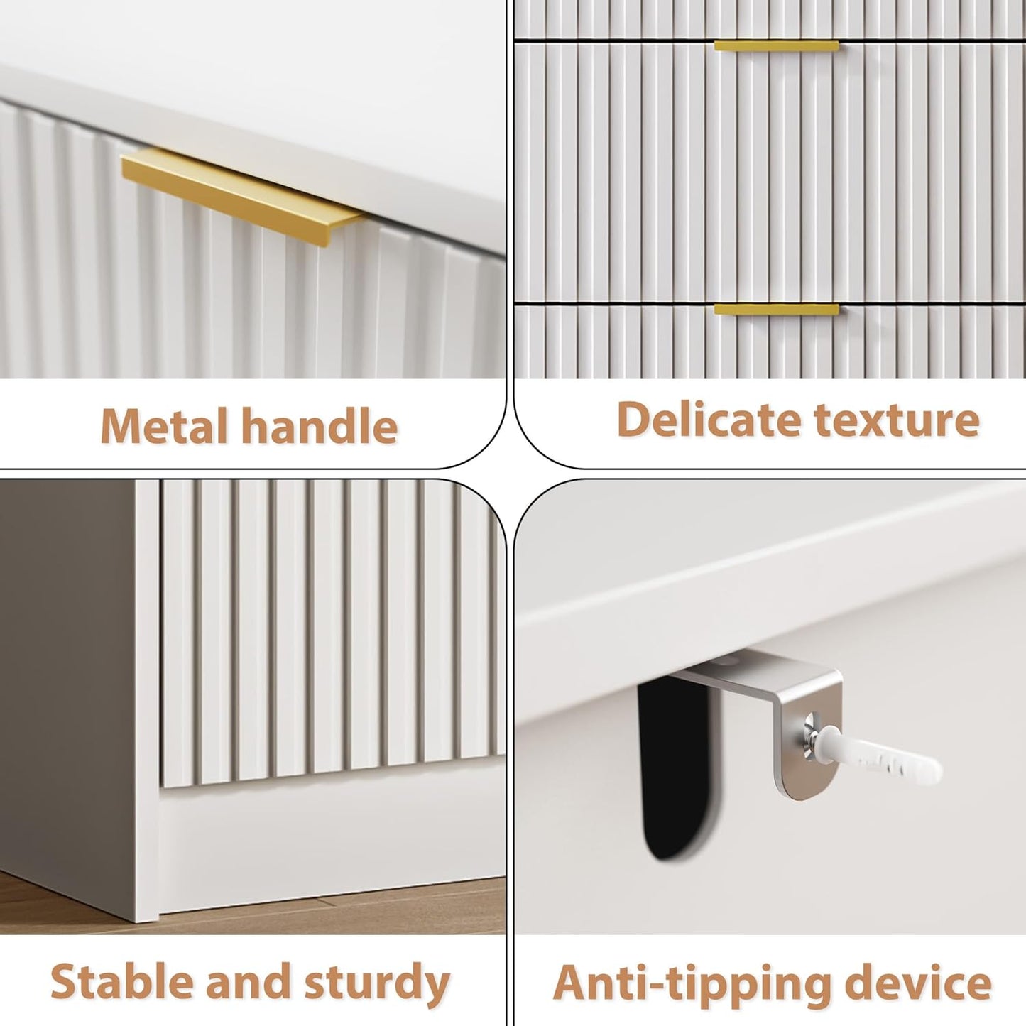 White 7 Drawer Dresser for Bedroom, Modern Fluted Dresser with Gold Metal Handles, Wide Chest of Drawers for Bedroom,Living Room, Entryway, Hallway, 55.9" L x 15.7" D x 31.4" H