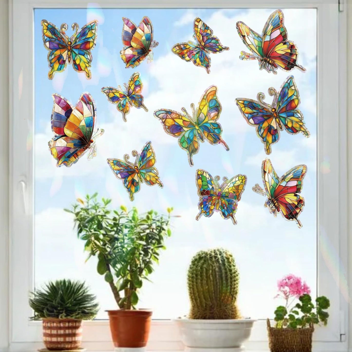 20pcs Window Decals for Bird Strikes, Anti Collision Window Clings, Rainbow Reflection Window Sticker, Butterfly Style Sun Catcher Stickers for Glass Windows