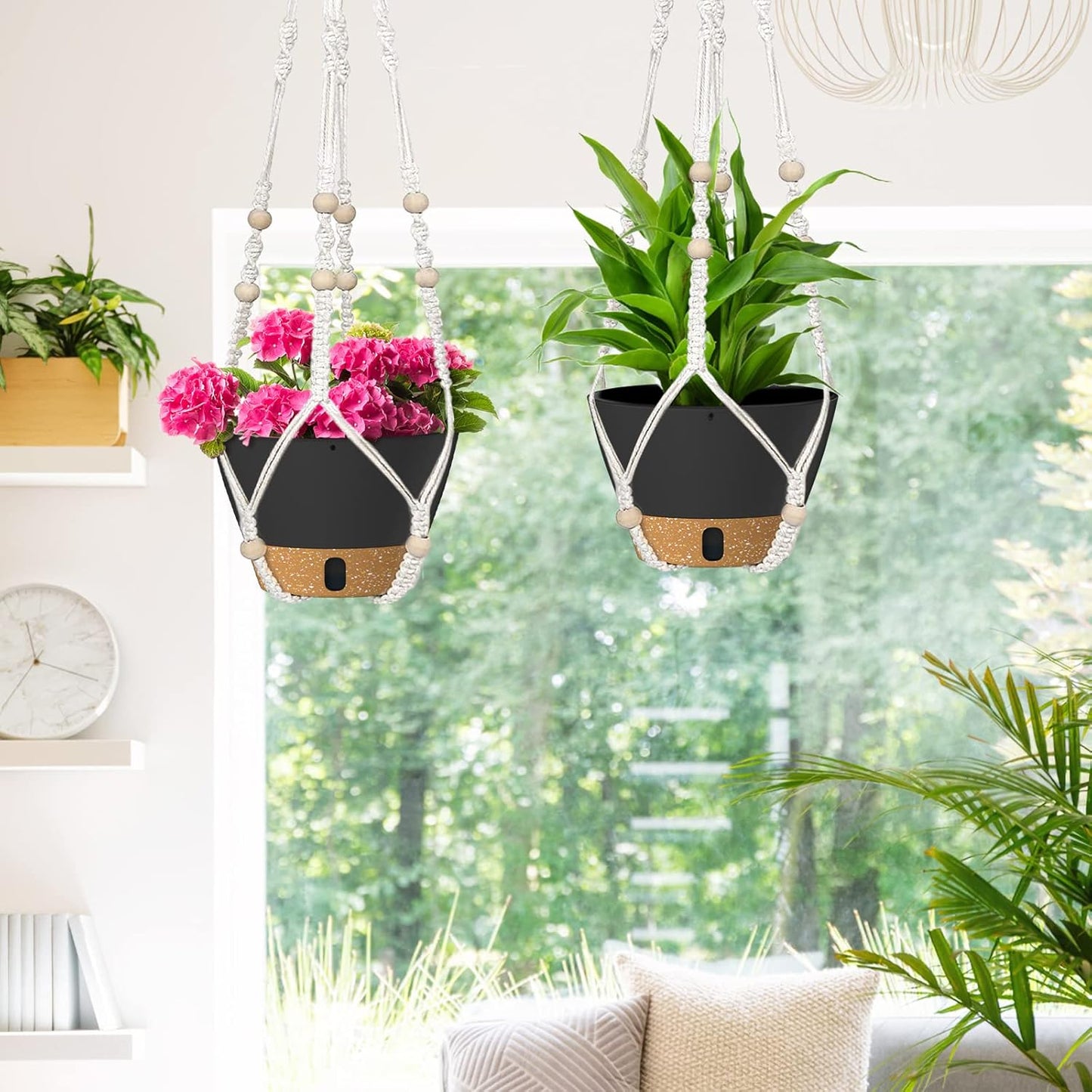ZMTECH 2 Pack 10 Inch Hanging Planters with Macrame Plant Hanger for Indoor and Outdoor Plants, Self Watering, Drainage Hole, Visible Level Tray, Gray
