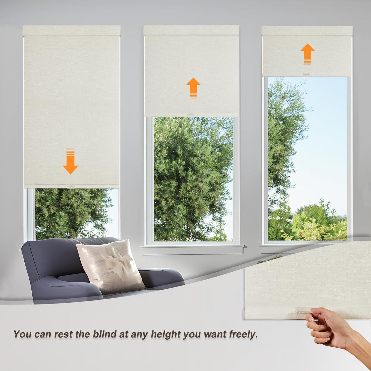 Persilux Blackout Shades for Windows Cordless Roller Blinds, Roller Windows Shades for Home with Fabric Attached Valance, UV Protections Easy Installation for Door/Office, Limestone(50.5" W x 64" H)