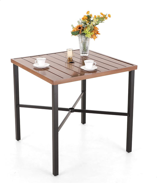 PHI VILLA 36"X36" Outdoor Metal Counter Height Table with 1.57" Umbrella Hole, Square Table with Teakwood-Brown Table Top and Black Table Legs for Outdoor and Indoor