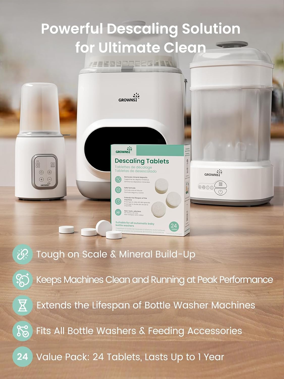 GROWNSY Descaling Tablets Descaler, 24 Descaling Tablets Compatible with Momcozy, Baby Brezza Bottle Washer, Effective for Bottle Washer, Warmer, Sterilizer, Formula Maker