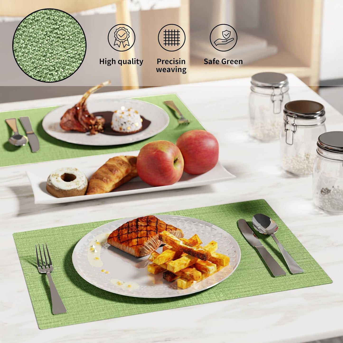 Cloth Placemats, Set of 4 Heat-Resistant Cotton Linen Blend Double Layered Machine Washable Place Mats, Wrinkle Free Thick Fabric Dining Table Mats for Indoors & Outdoors (Grass Green, 4)