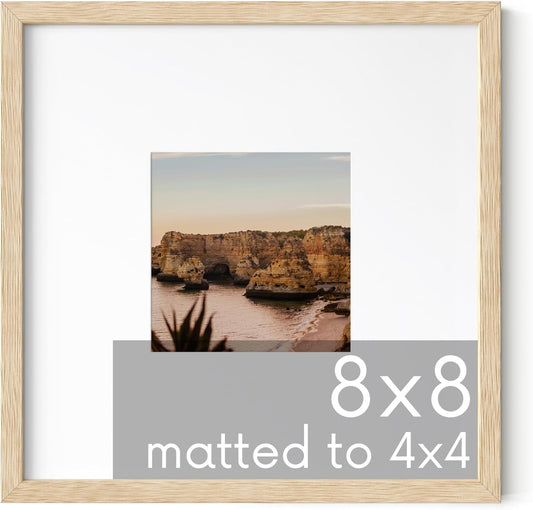 HAUS AND HUES Solid Oak 8"x8" Picture Frame Matted to 4"x4" - 8x8 Square Frame With or Without Mat, 8x8 Wood Frame, Square Photo Frame, 8 x 8 Wood Picture Frame (Beige Oak)