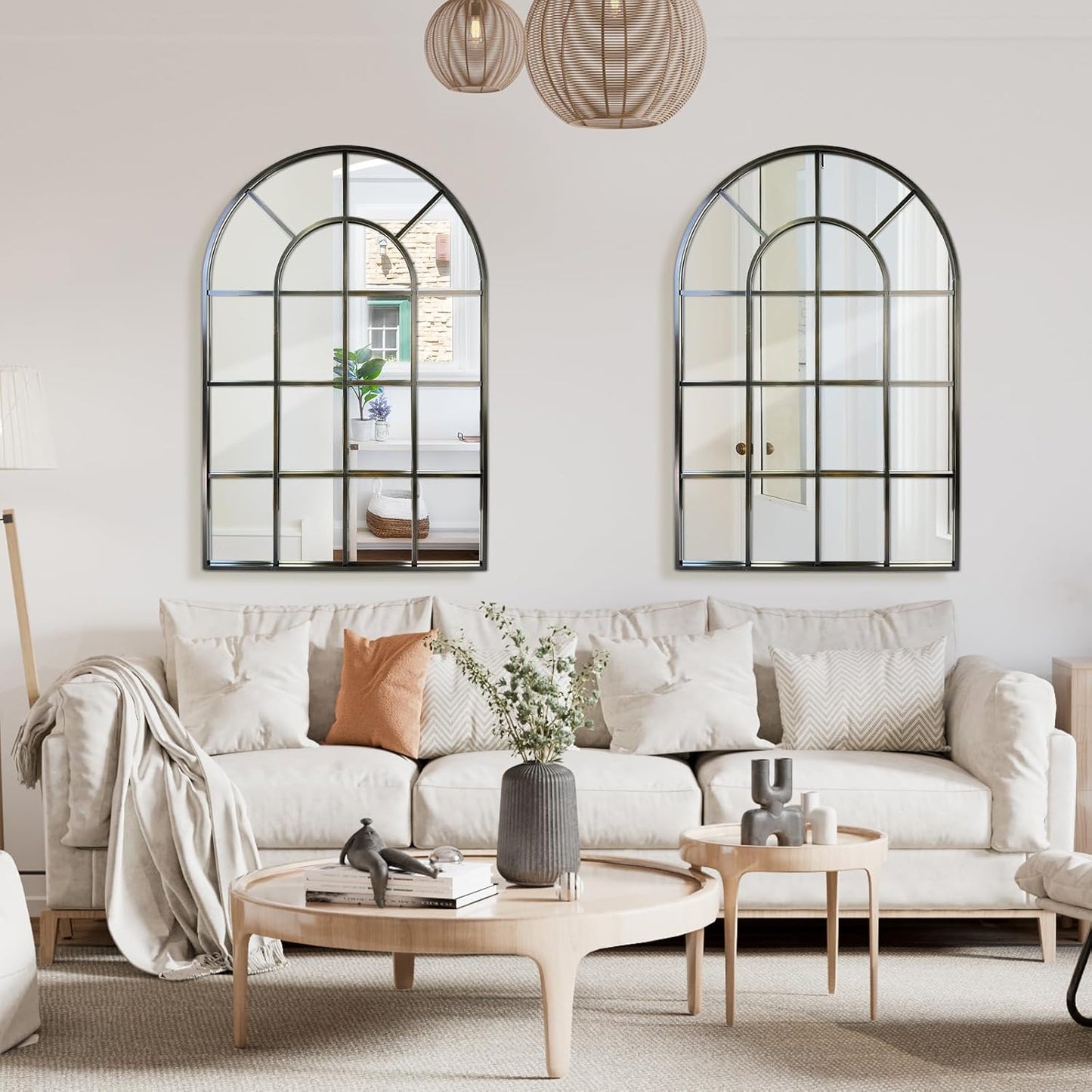 Arched Windowpane Wall Mirror 24"x36" Bronze Wall Mounted Art Pane Mirror Farmhouse Decorative Mirror Leaning Hanging Wall Mirror for Bedroom Living Room Entrance Hallway Wall Decor