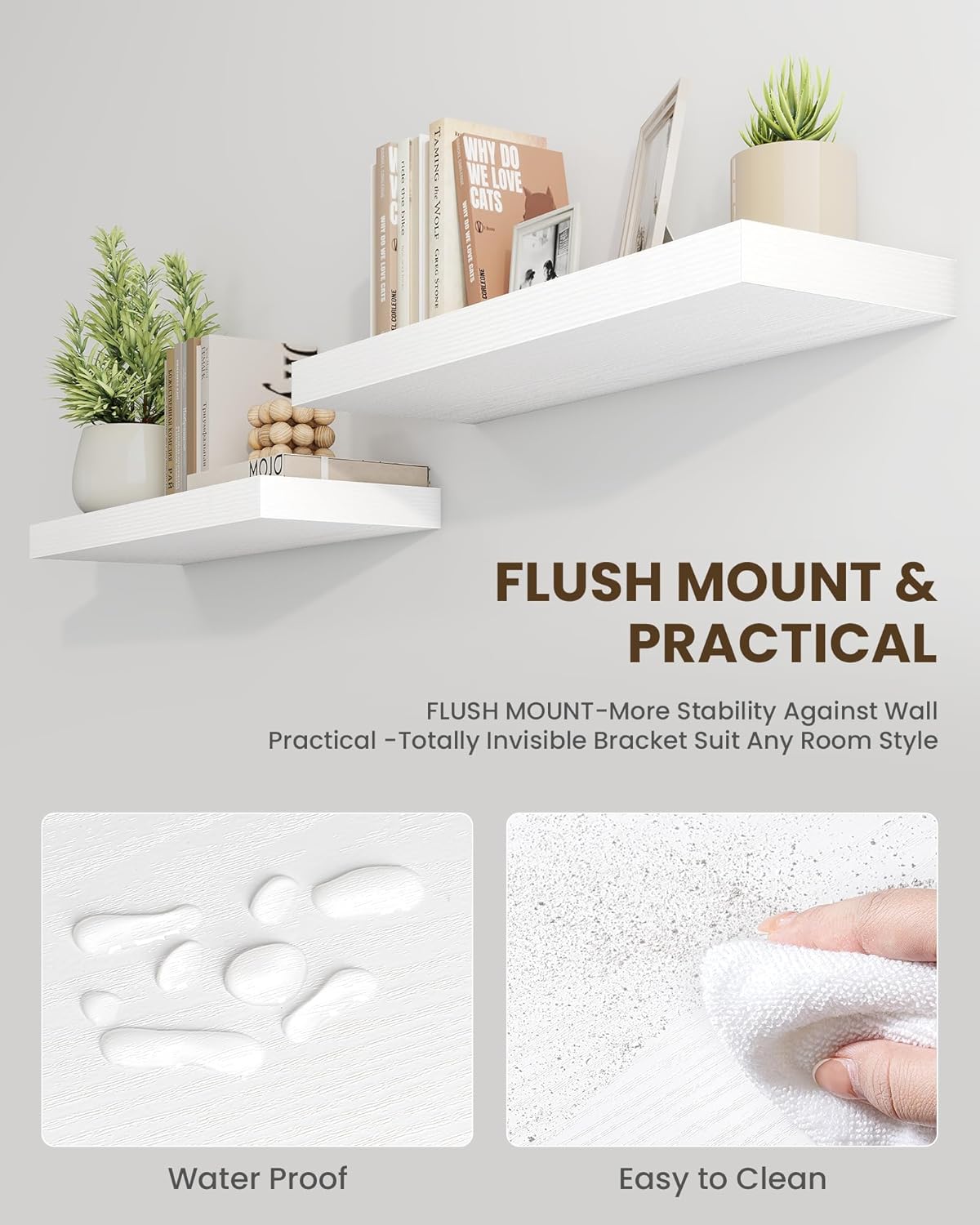 Marsmiles 24" Floating Shelves for Wall, Wooden Shelves with Invisible Brackets Set of 2, Rustic Farmhouse Wall Mounted Shelf for Kitchen Bathroom Living Room Study, White