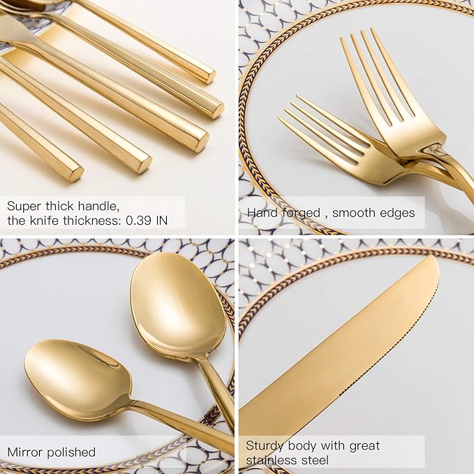 Silverware Set Flatware Set Shiny Gold Cutlery Set with Hexagon Handle Forged Stainless Steel Heavy 20 Pieces For Home Hotel Use Service for 4