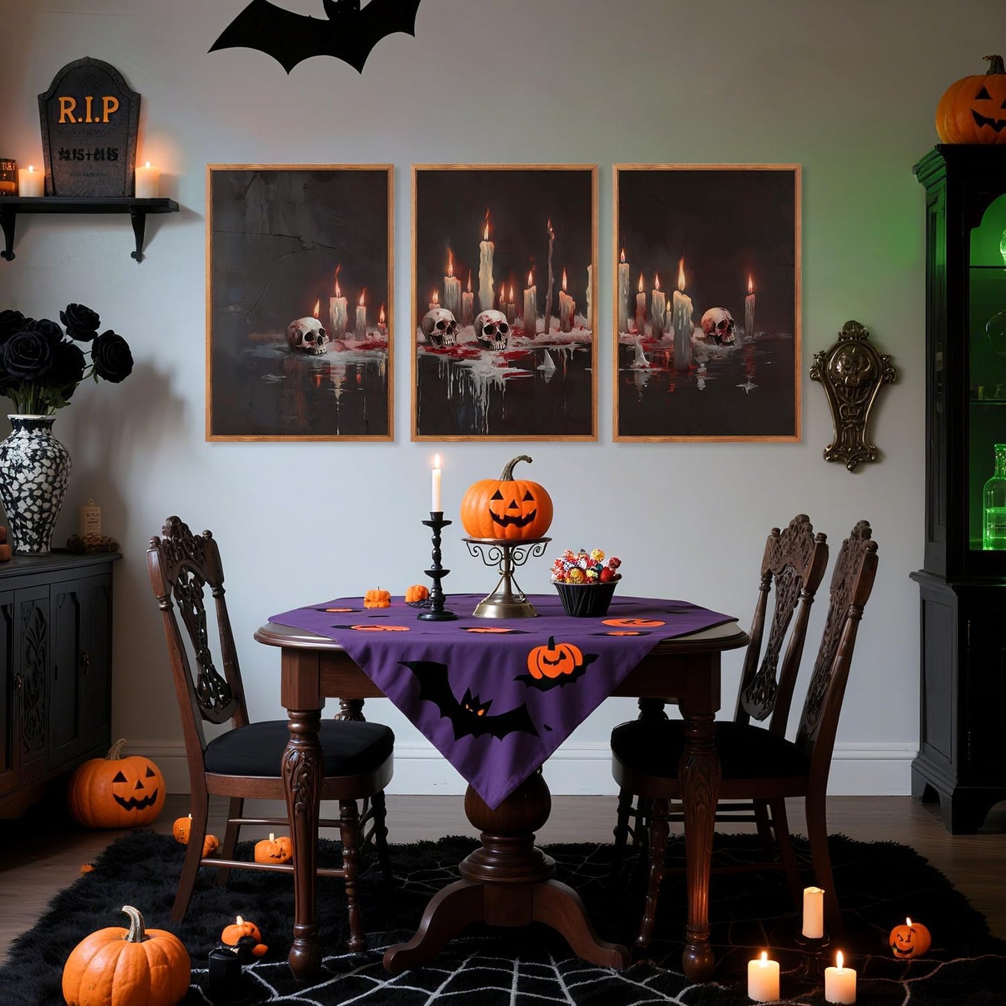 Aurlan Gothic Bloody Skull and Candles Framed Wall Art(16"x24"), 3PCS Horror Dark Academia Halloween Skeleton Canvas Artwork, Modern Goth Spooky Creepy Ghost Decor for Home Office Bedroom