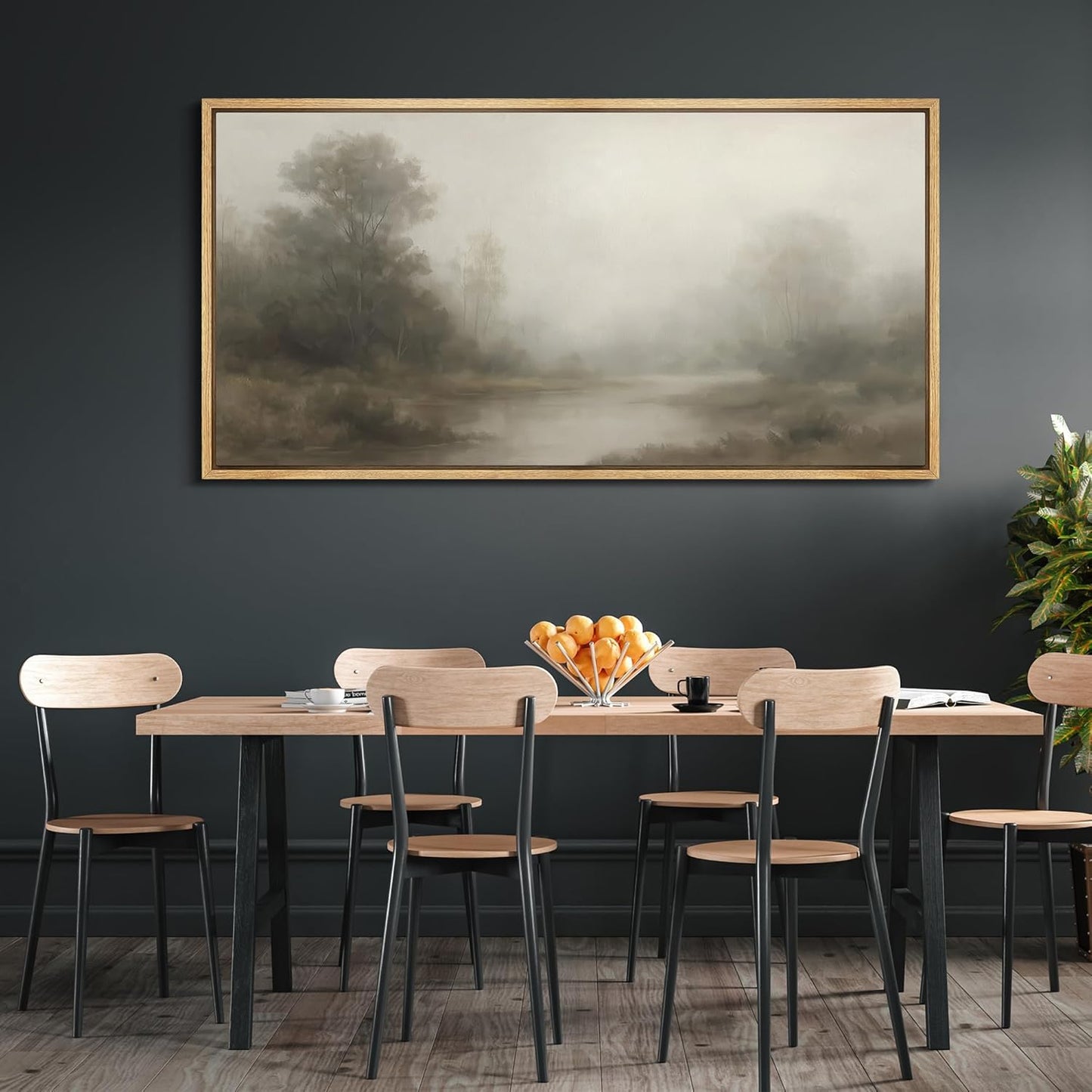 MUDECOR Extra Larg Framed Canvas Print Wall Art Misty Forest River Landscape Neutral Tones Nature Illustrations Decorative Colorful for Bedroom - 60"x30"