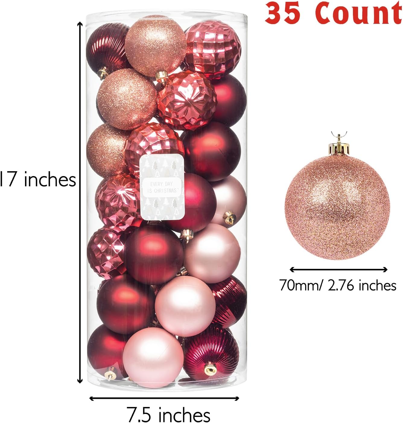 Every Day is Christmas Ornaments, Shatterproof Christmas Tree Ornament Set, Christmas Balls Decoration 35 Count (2.75"/70mm, Pink Rose)