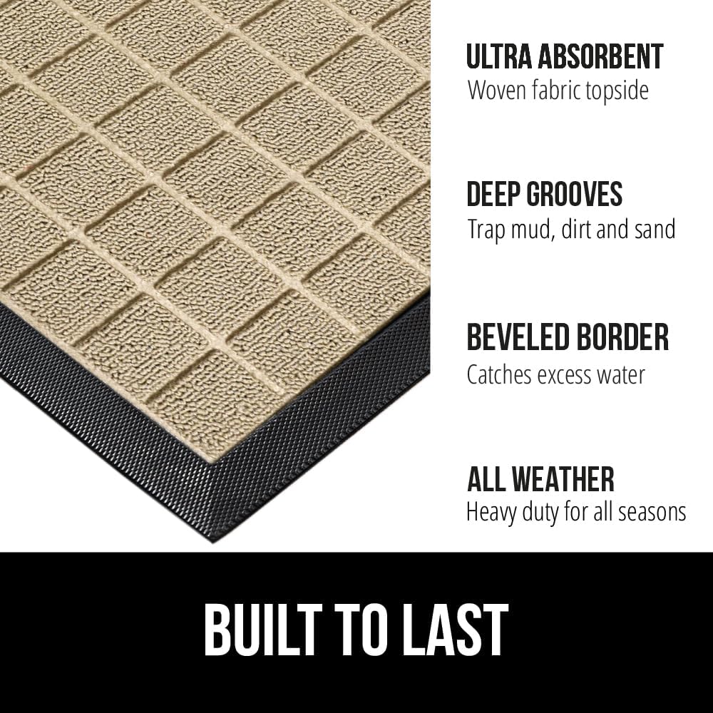 GORILLA GRIP 100% Waterproof All-Season WeatherMax Doormat US Designed Natural Rubber, Stain and Fade Resistant, Low Profile Indoor Outdoor Door Mats, Easy Clean Patio Mat, 23x35, Taupe Grid