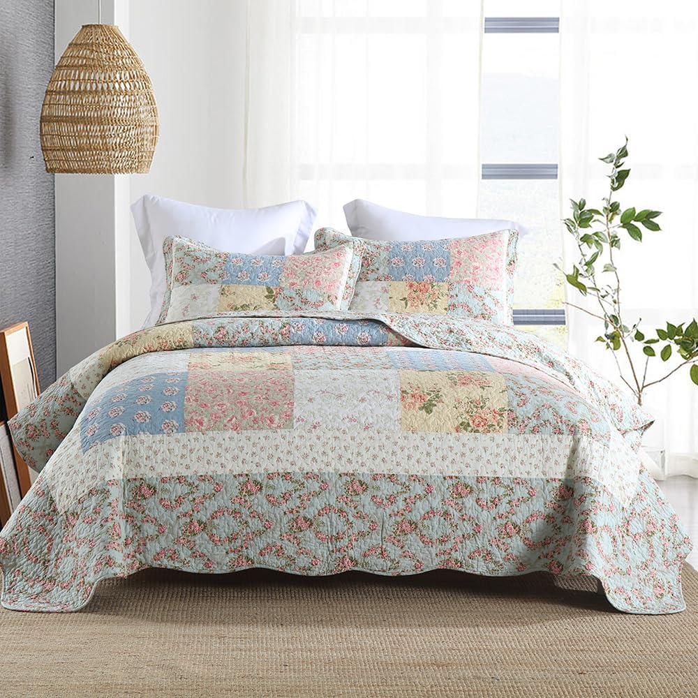 Cotton Bedspread Quilt Bedding Sets 3 Pieces Reversible Coverlet Sets Comforters Green Rose Floral Patchwork Bedspread, King Size