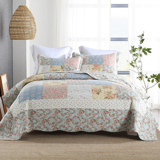 Cotton Bedspread Quilt Bedding Sets 3 Pieces Reversible Coverlet Sets Comforters Green Rose Floral Patchwork Bedspread, King Size