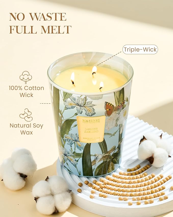 M&SENSE Jasmine Candles Highly Scented 3 Wick 35oz 150 Hours Burn Extra Large Jar Candles for Women, Natural Soy Wax Aromatherapy Candle for Stress Relief, Meditation, Yoga, Spa