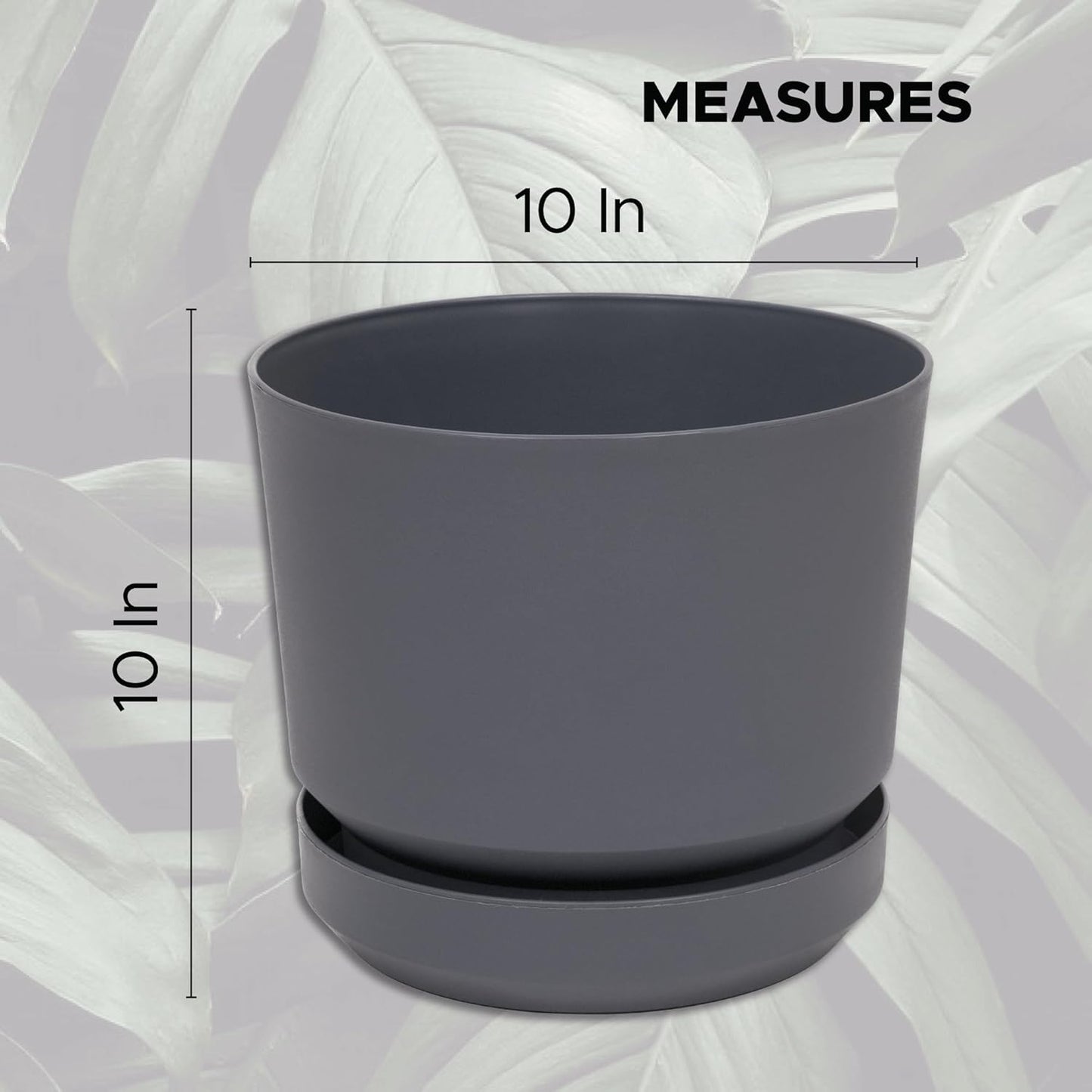 Elly Décor 10 inch Plastic Cylinder Planter Pot with Self-Watering Saucer and Drainage Hole,Lightweight & Extremely Durable, 10"x 10", Gray