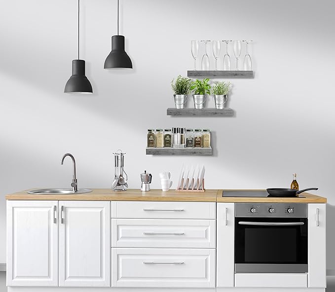 Sorbus Floating Shelves for Wall, Bathroom Shelves Wall Mounted for Kitchen, Bedroom, Bathroom Storage Over Toilet, Hanging Book Shelf for Wall Home Decor Living Room (Gray, 3 Pack)