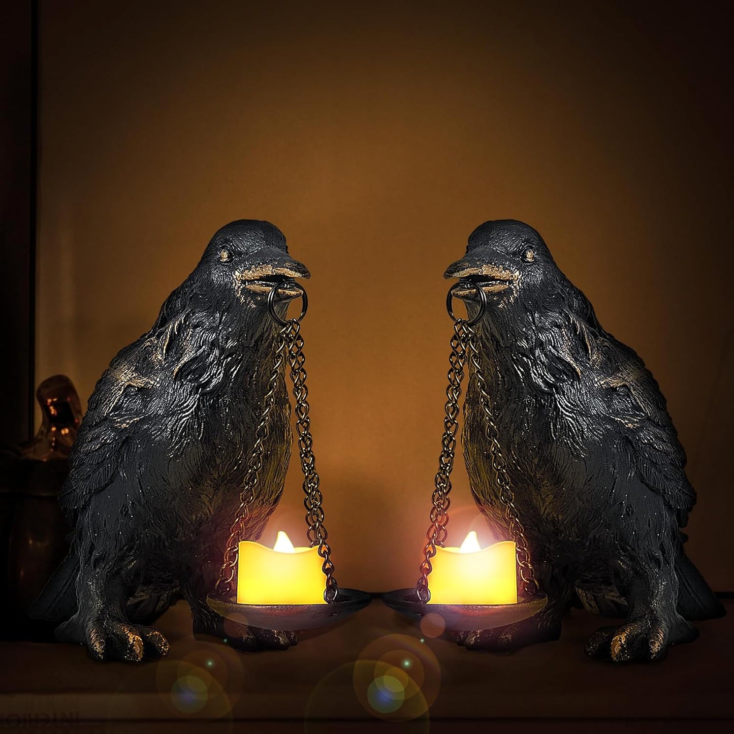 Raven Gothic Home Decor Fake Crow Light Holder Raven Lamp Tealight Candle Holder Resin Raven Statue Wearing Gold 2PCS