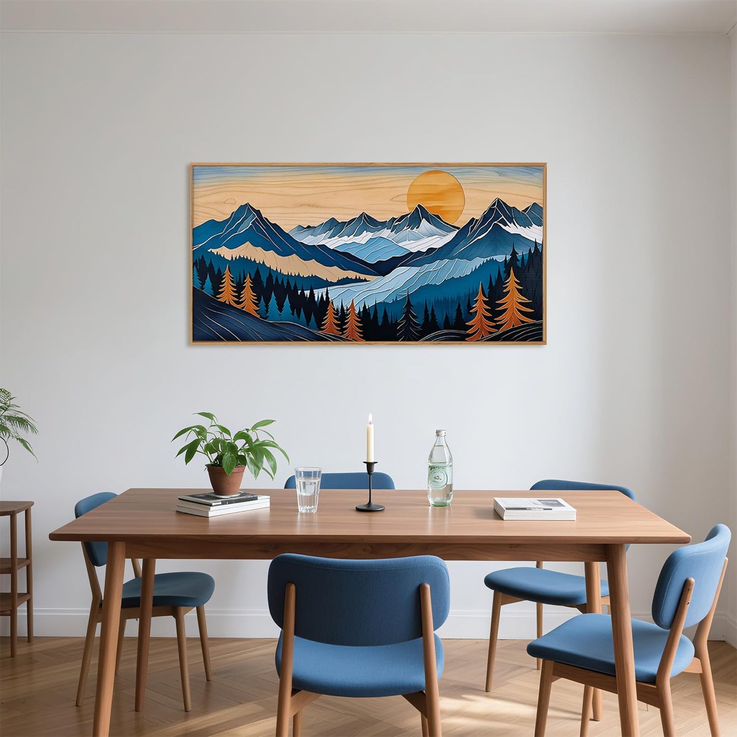 Blue Woodcut Mountain Framed Canvas Wall Art Set, Boho Abstract Ridge Wall Decor, Pine Tree Landscape Wall Painting, Sunrise Forest Art Print for Living Room, Bedroom, Office - 20"X40"