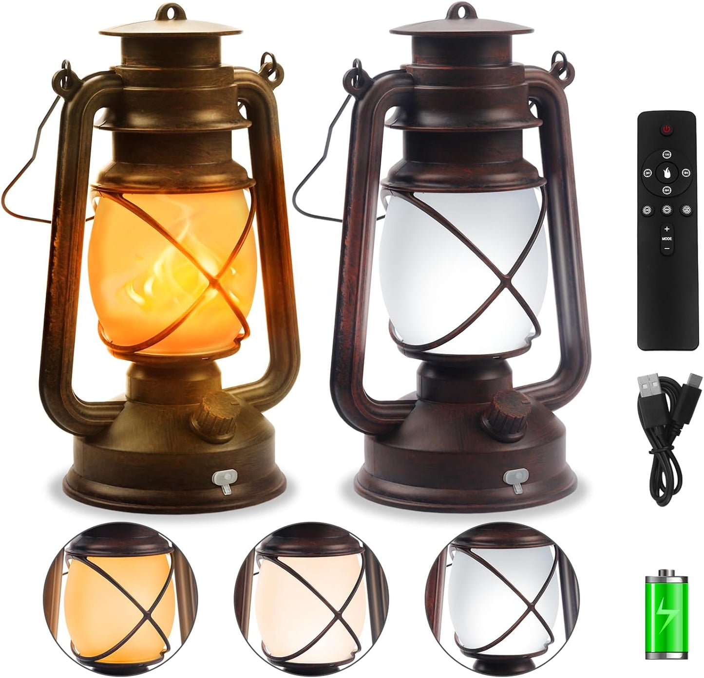 2 Pack Bronze Vintage 4 Modes Light LED Lanterns，Rechargeable Dancing Flame Lanterns Decorative Outdoor&Indoor, Remote Control Waterproof Hanging Lights for Camping,Patio Garden Pathway