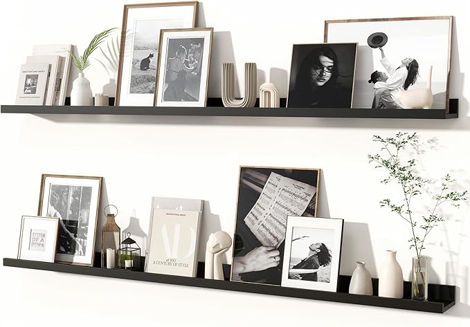 Fun Memories Picture Ledge Shelves Set of 2, 55 Inch Rustic Wall Mounted Floating Shelves with Lip for Home Storage and Décor in Bathroom, Kitchen, Nursery, Bedroom, Living Room, Black