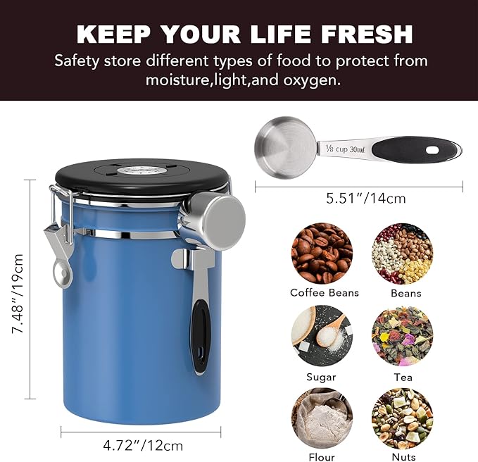 ShanSon Coffee Canister Airtight Coffee Container Stainless Steel Coffee Bean Storage Container with CO2 Release Valve and Scoop Coffee Canister for Beans,Grounds,Sugar,Flour,Tea,Cereal,22OZ,Blue
