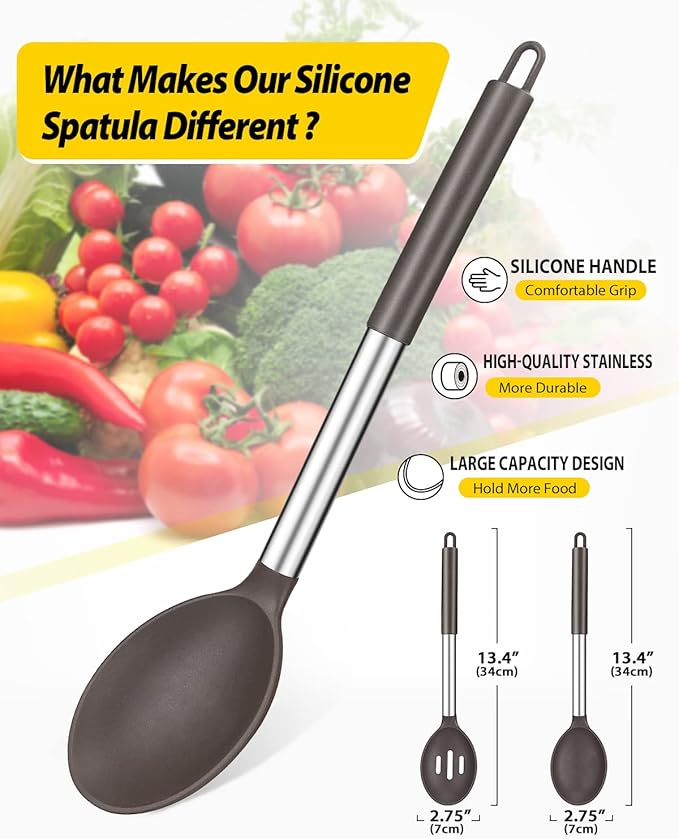 Pack of 2 Large Silicone Cooking Spoons,Non Stick Solid Basting Spoon,Heat-Resistant Kitchen Utensils for Mixing,Serving,Draining,Stirring (CHOCOLATE)