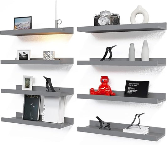 RICHER HOUSE 8 Set Floating Wall Mounted Shelves, Nursery Hanging Book Shelves with Lip for Storage, Gray Display Picture Ledge Shelf for Bedroom Bathroom Kitchen Living Room Wall Decor, Modern Grey