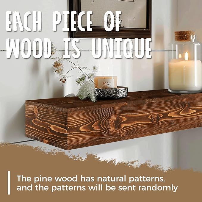 72x8x5 Fireplace Mantel - Handcrafted Hollow Rustic Solid Wood Wall Mounted Floating Shelf with Invisible Heavy Duty Wood Bracket (Weathered Brown)