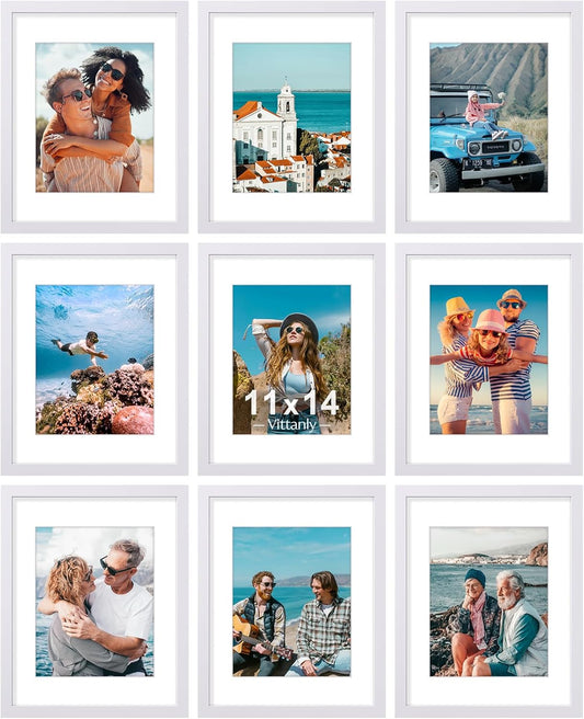 Vittanly 11x14 Picture Frames Set of 9, Shatter Resistant Plexiglass, Display 8x10 Pictures with Mat or 11x14 without Mat, Photo Frames for Wall or Tabletop, Engineered Wood, White