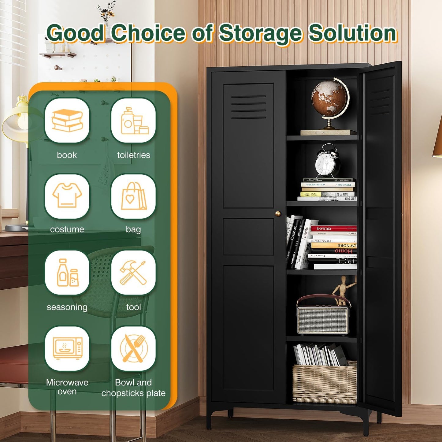 Letaya Black Storage Cabinet with Feets-Metal Home Kitchen Pantry Cabinets with Doors and Adjustable Shelves,Organization Locker for Cupboard/Bedroom/Dining/Living/Bathroom/Office/Garage Room (Black)