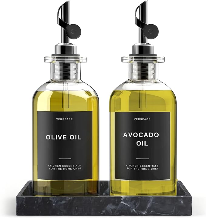 Olive Oil Dispenser Set With Silicone Tray & 40 Labels - 2 Black Bottles (500ml / 17oz) for Kitchen, Soy Sauce, Coffee Syrup