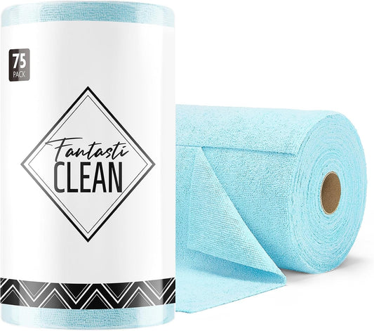 Fantasticlean Microfiber Cleaning Cloth Roll -75 Pack, Tear Away Microfiber Towels, 12" x 12", Reusable, Washable, Scratch Free, Ultra Absorbent Dish Rags for Car, Home, Garage or Shop (Blue)