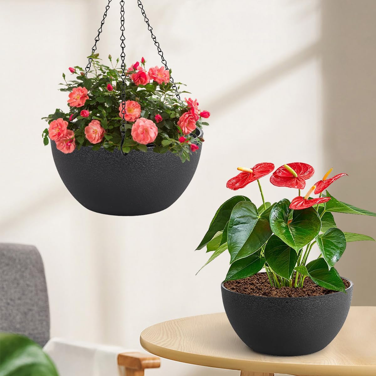 10 inch Hanging Planters for Indoor Plants, 2 Pack Planters for Outdoor Plants with Drainage Holes and Chain, Round Plastic Hanging Baskets, Hanging Flower Pots for Balcony Garden Decor-Black