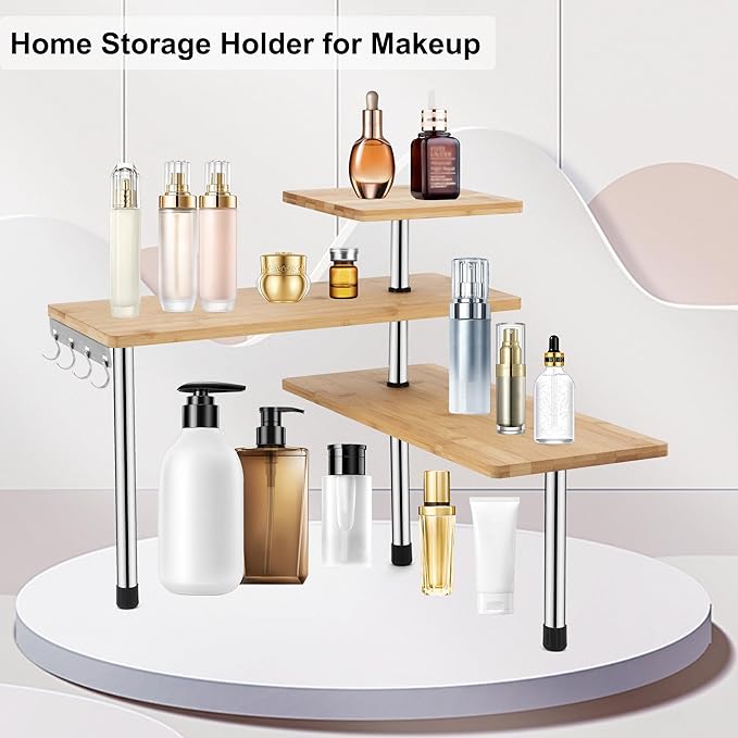 HYNAWIN Corner Shelf, 3 Tier Bamboo & Metal Storage Spice Rack-Desk, Space Saving Bookshelf with Hooks, Adjustable Display Shelf for Creative Home Décor Kitchen, Bedroom, Office (21CO)