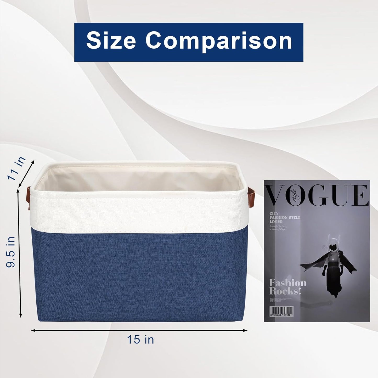 Storage Bins Large Fabric Storage Baskets for Shelves 3 Pack, Decorative Linen Closet Baskets with Handles for Organizing, Shelf, Clothes, Home, Office, 15x11x9.5Inches (NavyBlue&White)