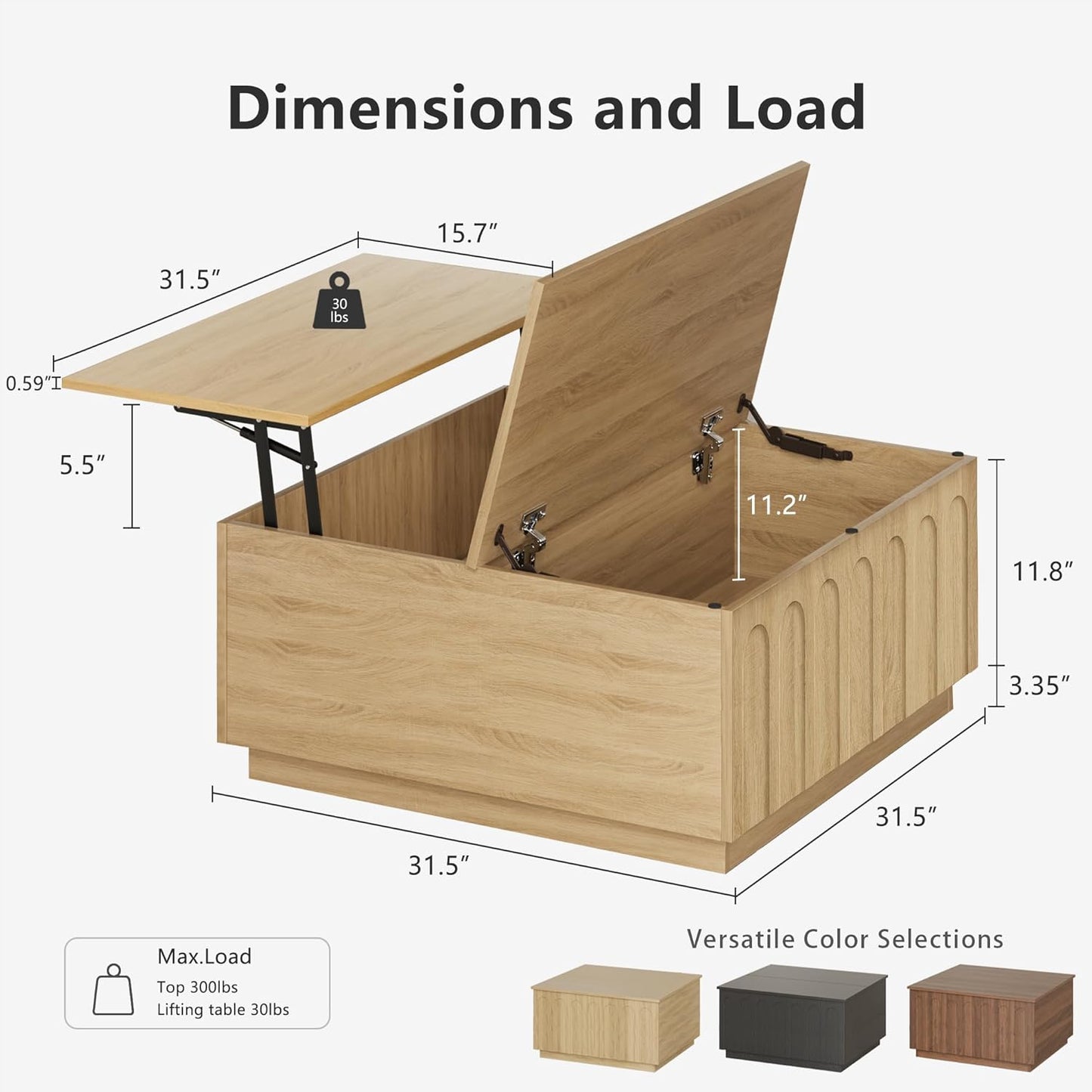 Lift Top Coffee Table with Storage, Modern Coffee Table with Arched Design, 31.5" Square Tea Table with Wood Grain, Boho Multifunctional Center Table for Living Room, Office, Oak