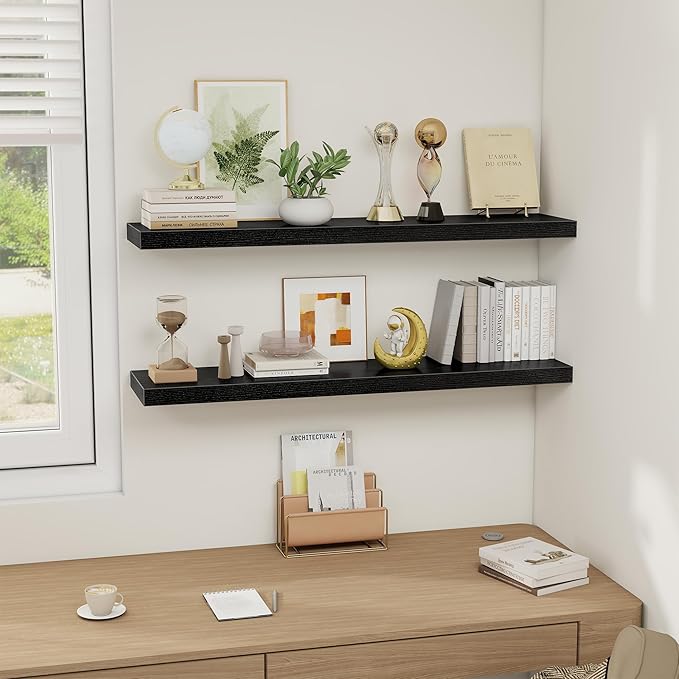 Black Floating Shelves Wall Shelf 40 Inch, 8 Inch Deep Floating Shelf for Wall, Farmhouse Black Wood Shelves Invisible Bracket for Living Room, Bedroom, Kitchen, 40 x 8 x 1.4 Inch, Set of 2