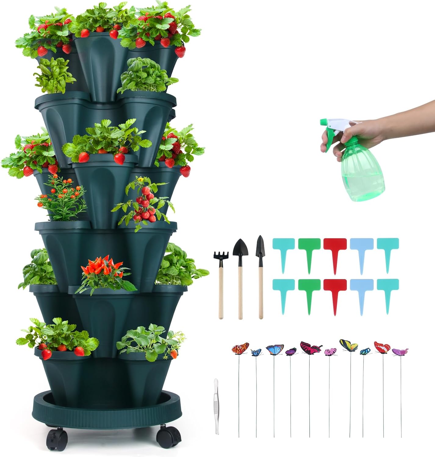 Vertical Planter, 6 Tier Stackable Strawberry Planter with Garden Tool Set, Movable Indoor/Outdoor Garden Herb Pot for Growing Vegetables and Succulents, Green