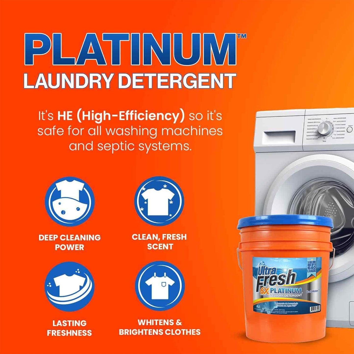 Ultra Fresh Liquid Laundry Detergent Washing Soap, 6X Platinum, ColdWater, 5 Gallon – Fabric Odor Remover to Wash Clothes and Sheets