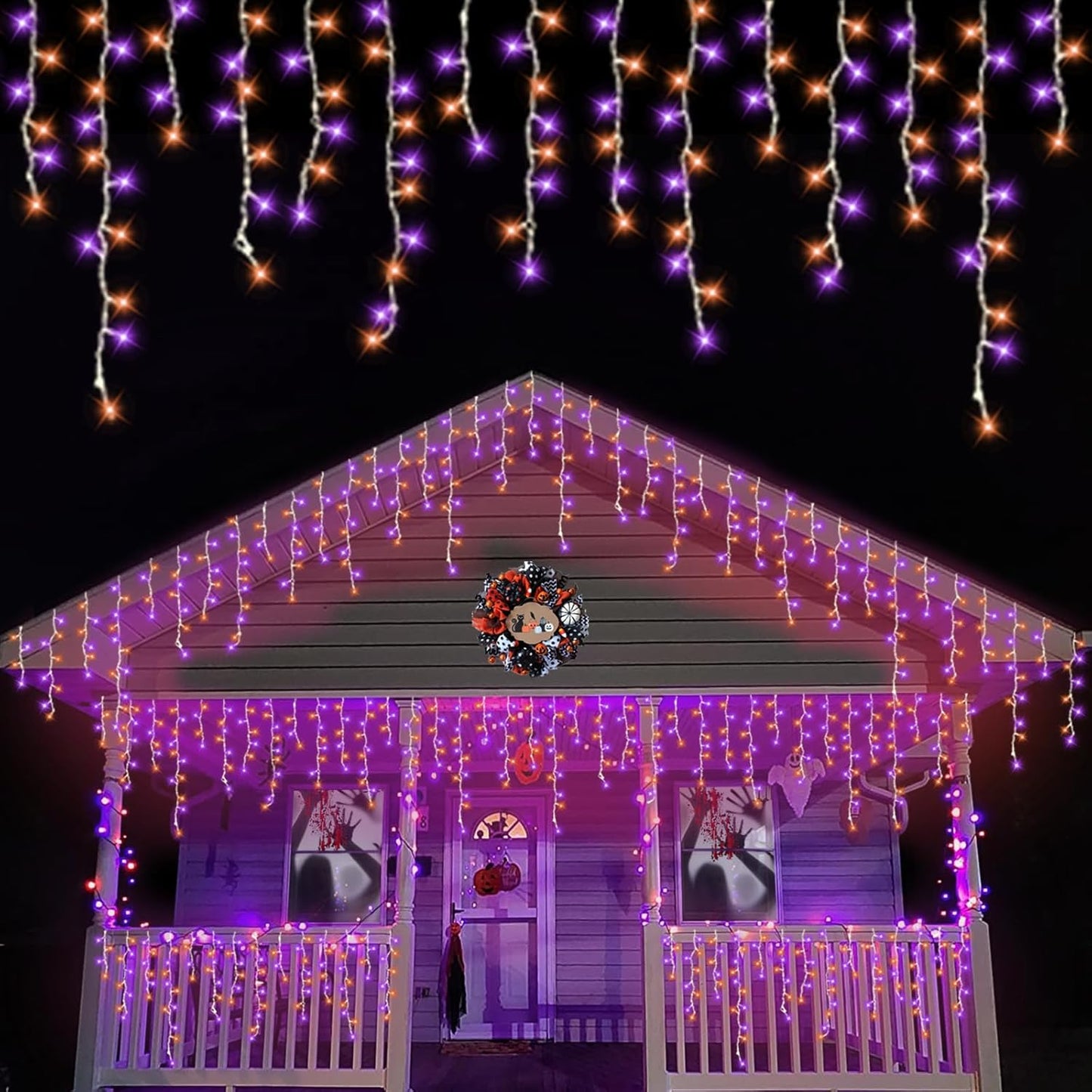 QITONG Orange and Purple Halloween Lights Outdoor, 66ft 800 LED Icicle Light Indoor Plug in, 8 Modes Connectable String Lights with 160 Drops