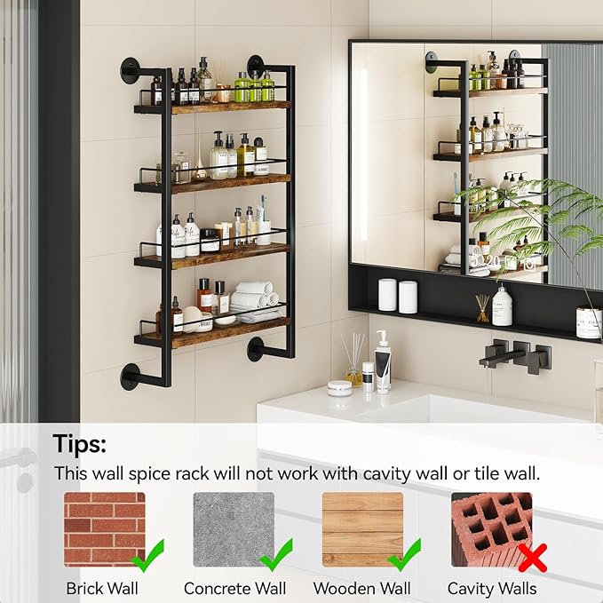 IBUYKE Spice Rack Wall Mount,4 Tier Hanging Seasoning Organizer,Large Spice Rack for Wall for up to 50 Jars,Spice Organization for Kitchen Cabinet,Bathroom,Pantry,Living Room,Brown TLJ016H