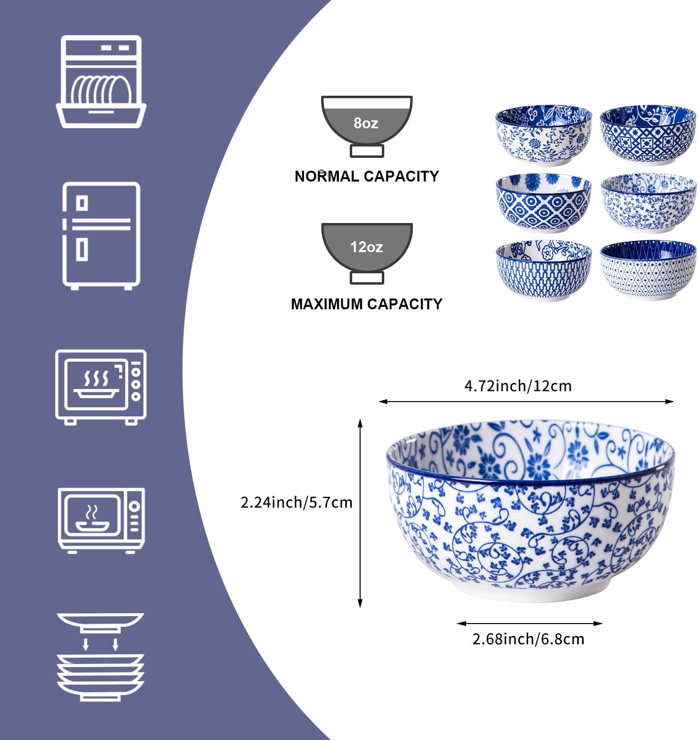 Ceramic Dessert Bowls Set - 11 Oz Small Ice Cream Bowl for kitchen - 4.7 Inch Porcelain Cereal Bowl for Fruits, Salad, Side Dishes, Ramen - Microwave Dishwasher Safe - Set of 6 - Vintage Blue