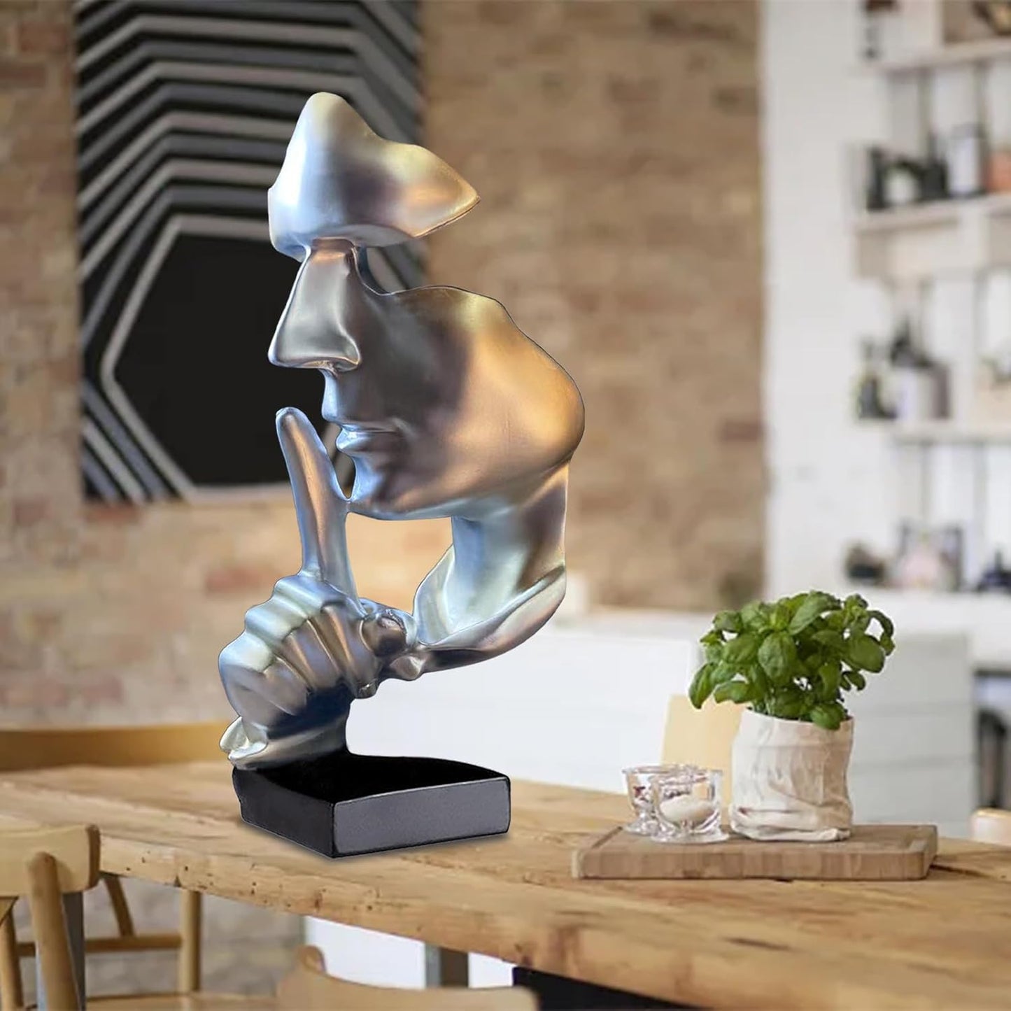 aboxoo Abstract Statues Silence is Gold Decorative Objects,Modern and Simple Resin Figurine,Desk Decoration for Office Home Piano Deco(Large Silver)