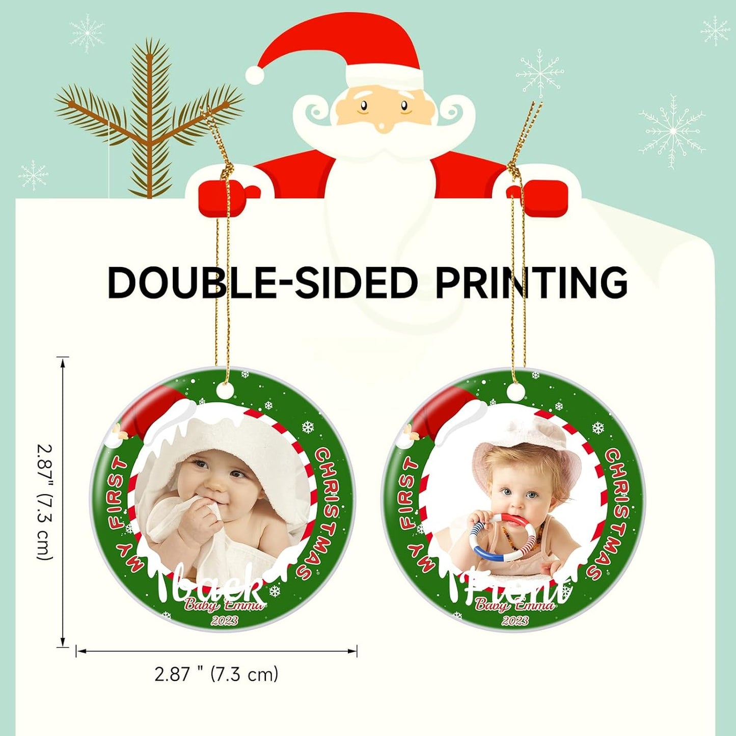 Personalized Baby's First Christmas Ornament 2025, Ceramic Custom Photo Text Christmas Ornament Customized Photo Ornament Christmas Tree Decorations Gift for New Parents Mom Dad Newborn Baby