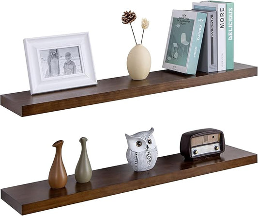 Floating Shelves 36 Inches Long - 8 Inch Deep Rustic Solid Pine Wood for Storage - Farmhouse Wall Mounted for Living Room - Heavy-Duty Metal Bracket - 36" W x 8" D - Set of 2 - American Walnut Color