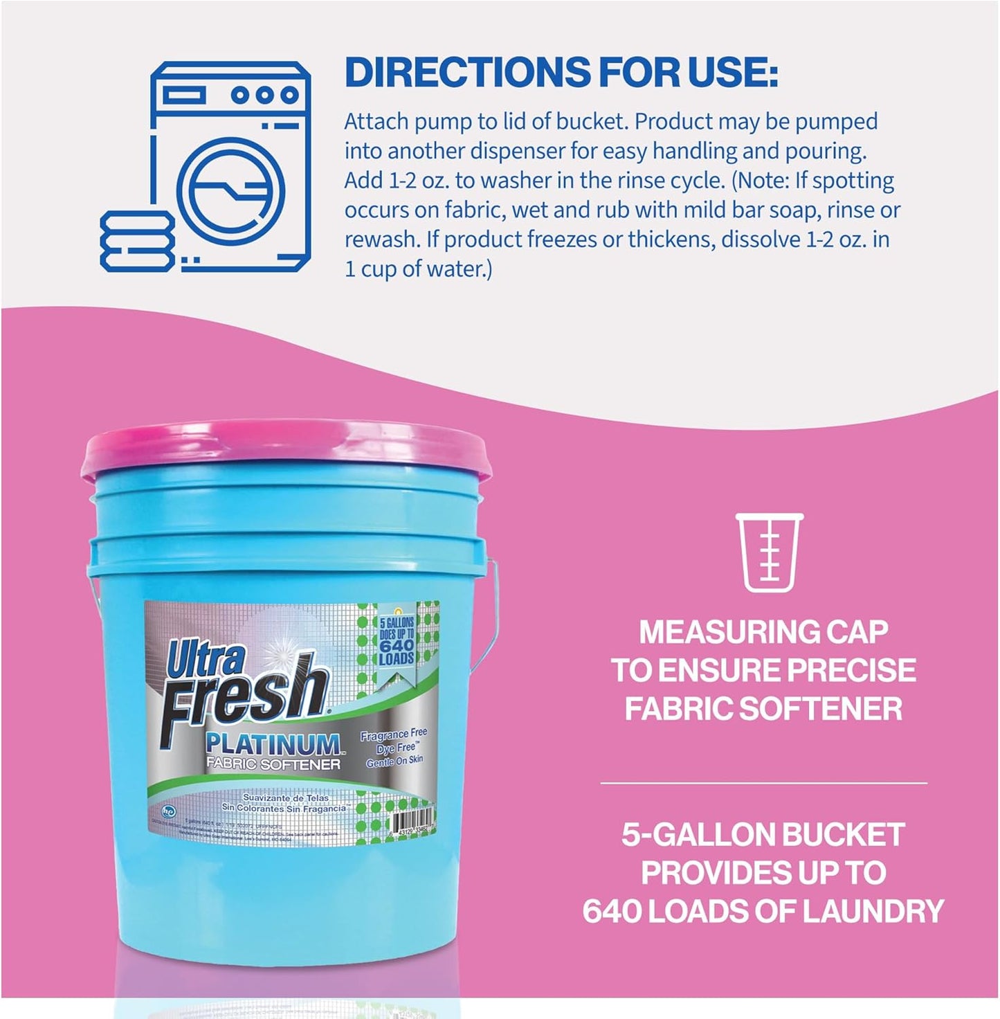 Ultra Fresh 5 Gallon Platinum Fabric Softener for All Machine Types, Liquid Laundry Softener, Up to 640 Loads, Fragrance & Dye Free